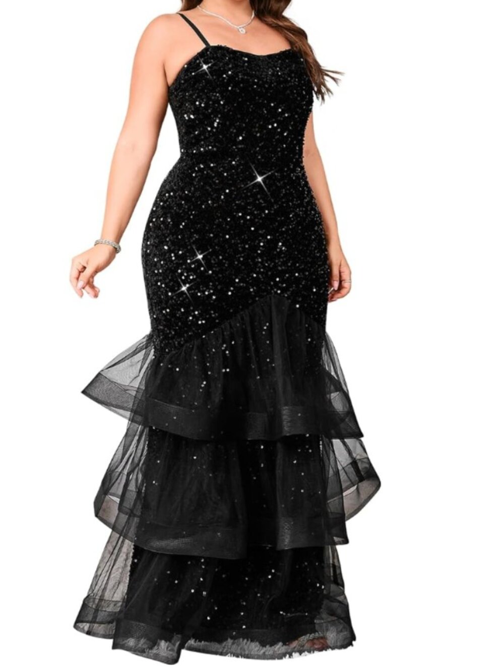 5XL Black Sequin Stretch Tiered Evening Gown Plus Size Evening Wear Maxi Dress